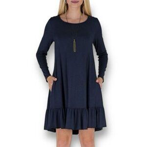 NWT Women's Long‎ Sleeve Navy Ruffle Hem Knee Length Dress Size L Casual Fall
